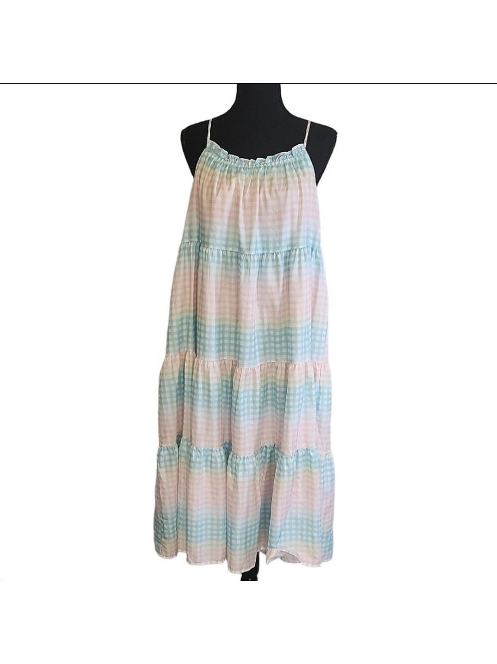 Storia Womens Pastel Gingham Check Flowy Mid Dress Size Medium Lightweight Lined